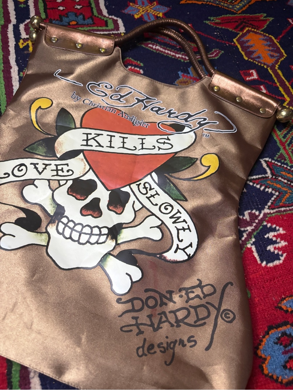 Y2K VINTAGE ED HARDY TOP HANDLE BROZE METALLIC GRAPHIC BAG PURSE - Picture 3 of 10